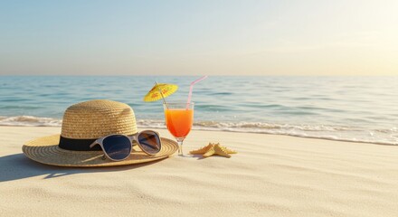 Sun hat sunglasses cocktail and starfish on sandy beach