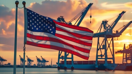 American flag waving at an industrial port during sunset, symbolizing patriotism, economy, trade, and industry. Represents U.S. manufacturing, shipping, and national pride.

