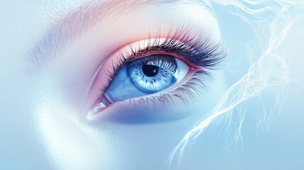 Close-up of a Human Eye with Detailed Lashes and Iris on a Gentle Blue Background, Signifying Vision