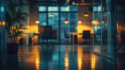 Modern office interior at night, blurred background with warm lighting and plants.