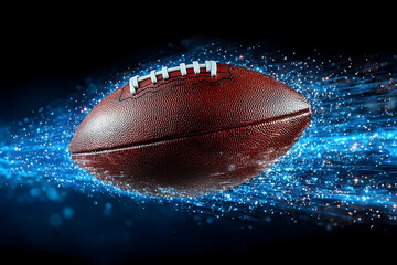 A dynamic close-up of a football in motion, surrounded by a burst of blue light effects, symbolizing speed and energy