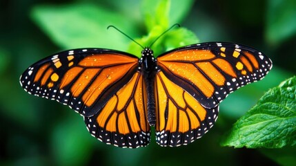 Fototapeta premium Monarch Butterfly Resting on Green Leaf with Vivid Orange and Black Wings in Natural Habitat