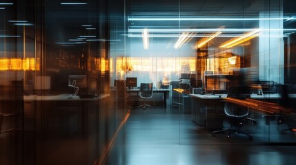 Fototapeta premium Modern office interior at night, blurred motion effect.
