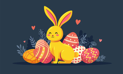Cute Easter bunny with decorated eggs illustration 