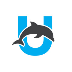 Initial Monogram Letter U Dolphin Logo Design Concept With Whale Symbol