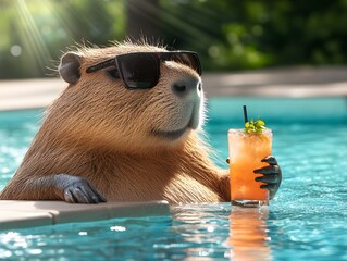 Capybara Relaxing in Swimming Pool with Cocktail and Sunglasses