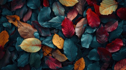 Colorful leafy background with a variety of colors including red, yellow