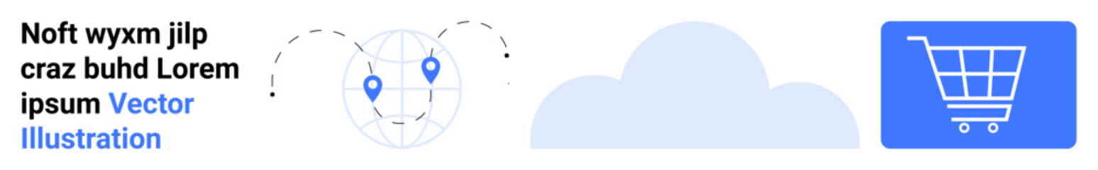 Globe with location pins, cloud, and shopping cart representing e-commerce, global delivery, data storage, logistics, technology, digital business and service operations. Ideal for simple landing