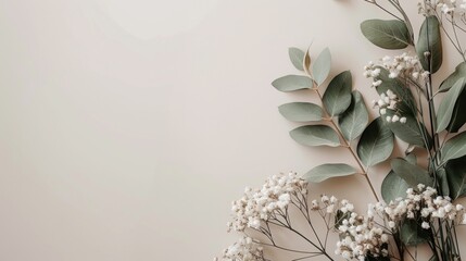 White background with a bunch of green leaves and white flowers