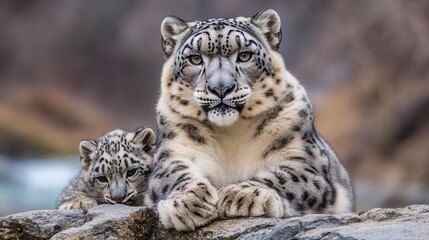 Fototapeta premium Mother Snow Leopard Resting with Her Playful Cub on Rocky Terrain in the Wild Nature