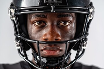 Man wearing a football helmet is looking at the camera