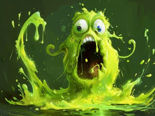 Green monster with a mouth wide open and a green slime oozing out of it
