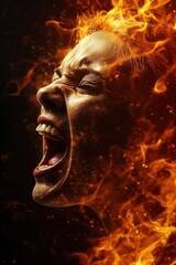 Woman's face is surrounded by fire, with her mouth open and teeth showing