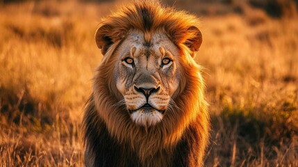 Fototapeta premium Powerful Male Lion Staring Directly at Camera in Golden Savanna Grassland at Sunset