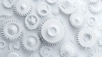 Abstract white gears, intricate mechanical design, background texture. Potential use stock photo for industrial, technology, or design concepts