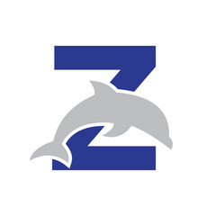 Initial Monogram Letter Z Dolphin Logo Design Concept With Whale Symbol