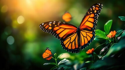 Fototapeta premium Monarch Butterflies in a Colorful Garden with Sunlight Filtering Through Lush Greenery