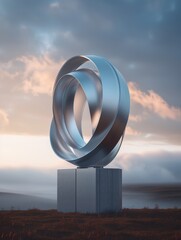 Silver sculpture of a circle is sitting on a stone pedestal