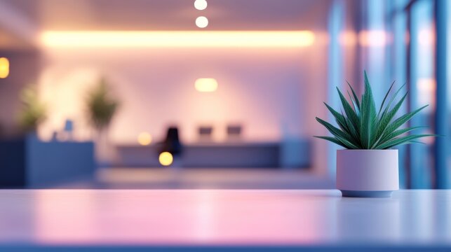 Modern office interior with a small plant on a table.