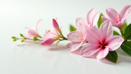 Fototapeta premium Delicate flower blooms on a pristine white surface, white background, greenery, leafy greens