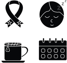 Self-Care and Mental Wellness Icon Set with Transparent Background &mdash; Awareness Ribbon, Restful Sleep, Herbal Tea, Daily Routine Planning Vector Icons
