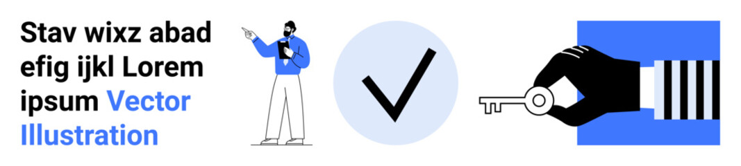 Man holding clipboard, large checkmark symbol, hand offering key. Ideal for teamwork, approval, task management, business success, decision-making, leadership simple landing page