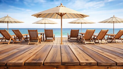 Obraz premium Surreal Summer Holiday: Empty Wooden Table, Sun Loungers, Parasols, Dreamy Beach Scene