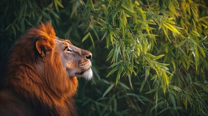Naklejka premium Profile of a Majestic Lion Among Bamboo Forest Under Soft Sunlight in Natural Habitat