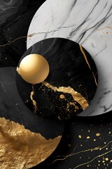Gold and black abstract painting with a gold circle in the middle
