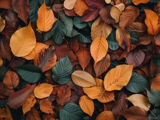 Pile of leaves with a variety of colors, including orange, green, and brown