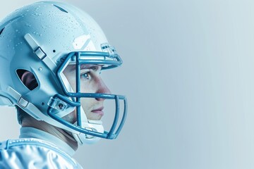 Man wearing a football helmet is looking at the camera