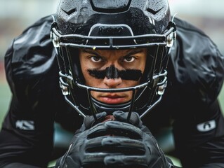 Football player with a black helmet and a black jersey is holding a football