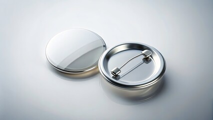 Glass Badge Macro Photography, Close-up Flat Lay, Overhead Product Shot, Reflection, White Background