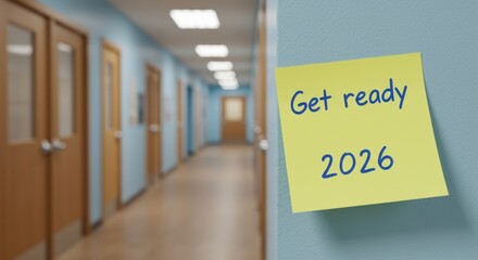 Get Ready for 2026 Yellow Sticky Note on School Corridor Wall