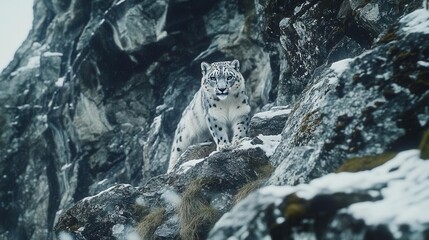 Obraz premium Snow Leopard Observing from Rocky Outcrop in Snowy Mountain Landscape