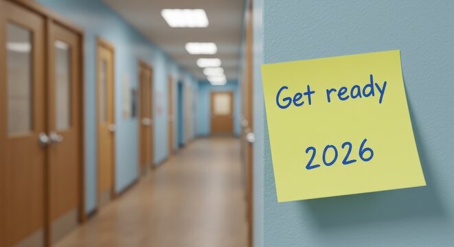 Get Ready for 2026 Yellow Sticky Note on School Corridor Wall