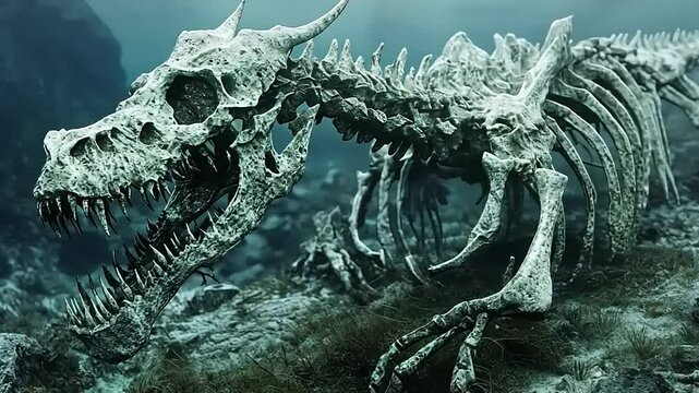 Ancient Dragon Skeleton: A digital artwork depicting a weathered dragon skeleton in a misty mountain landscape
