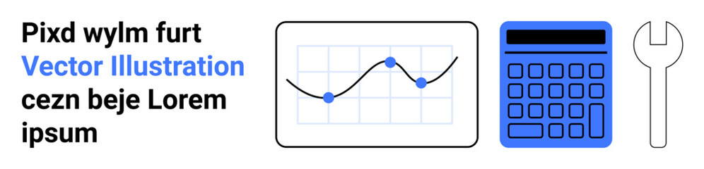 Line graph with data points, basic calculator, and wrench highlight analytics, calculation, tools, problem-solving, technical tasks, productivity, and ideal for a simple landing page