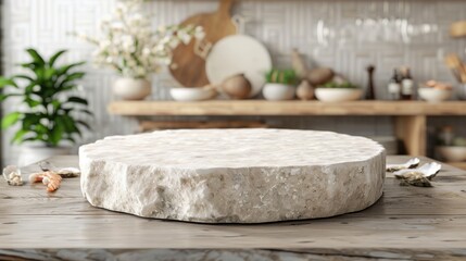 Large stone slab sits on a wooden table in a kitchen
