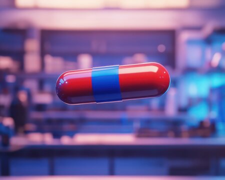 A floating red and blue pill capsule inside a futuristic, sci-fi laboratory
