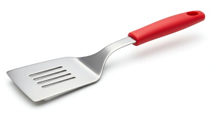 Red-Handled Stainless Steel Kitchen Spatula with Slots for Efficient Cooking and Grilling