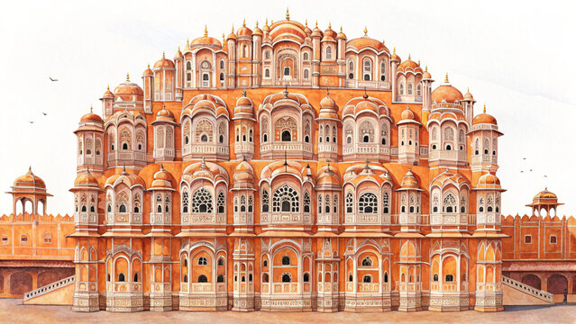 Vibrant and Precise Watercolor Illustration of Jaipur's Hawa Mahal, Capturing Its Ornate Jharokhas, Delicate Patterns, and Majestic Design on a White Background