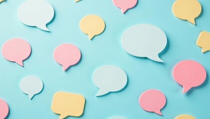 Seamless pastel speech bubble pattern on light blue background, cute, print, colorful