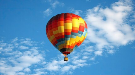 Fluffy white clouds and a blue sky with a colorful hot air balloon