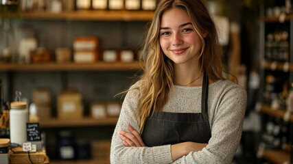 A smiling barista stands confidently in a cozy coffee shop.