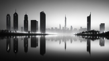 City skyline reflected on calm water at dawn