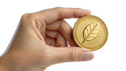 hand holding a gold coin with leaf icon