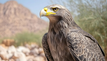 Obraz premium Majestic golden eagle portrait against a blurred mountain backdrop. The eagle's intense gaze and detailed feathers are captivating.