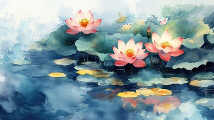 Vibrant Lotus Flowers Floating on Water in Watercolor Painting