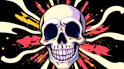 A pop-art-inspired skull with bold outlines and a burst of colors in the background. The energetic and dynamic style gives it a comic-book aesthetic. This image embodies the rebellious and edgy side o